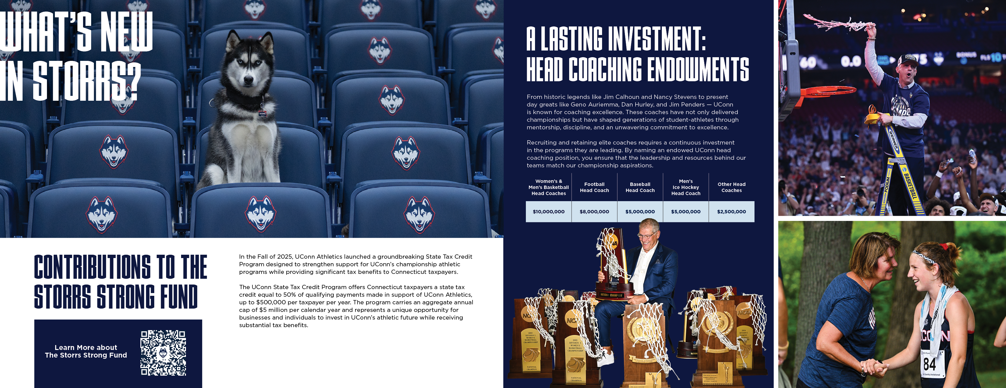 Spread highlighting the Storrs Strong Fund and endowed head coaching positions, including a table listing endowment levels by sport. Also introduces the Connecticut State Tax Credit Program for UConn Athletics. Adjacent images preview recent athletic achievements and campus activity. Images include a picture of Jonathan the Huksy sitting in the stands at Gampel Pavillion, a picture of Coach Geno Auriemma with 12 NCAA championship trophies, and Coach Dan Hurley cutting the basket after winning a national championship. 
