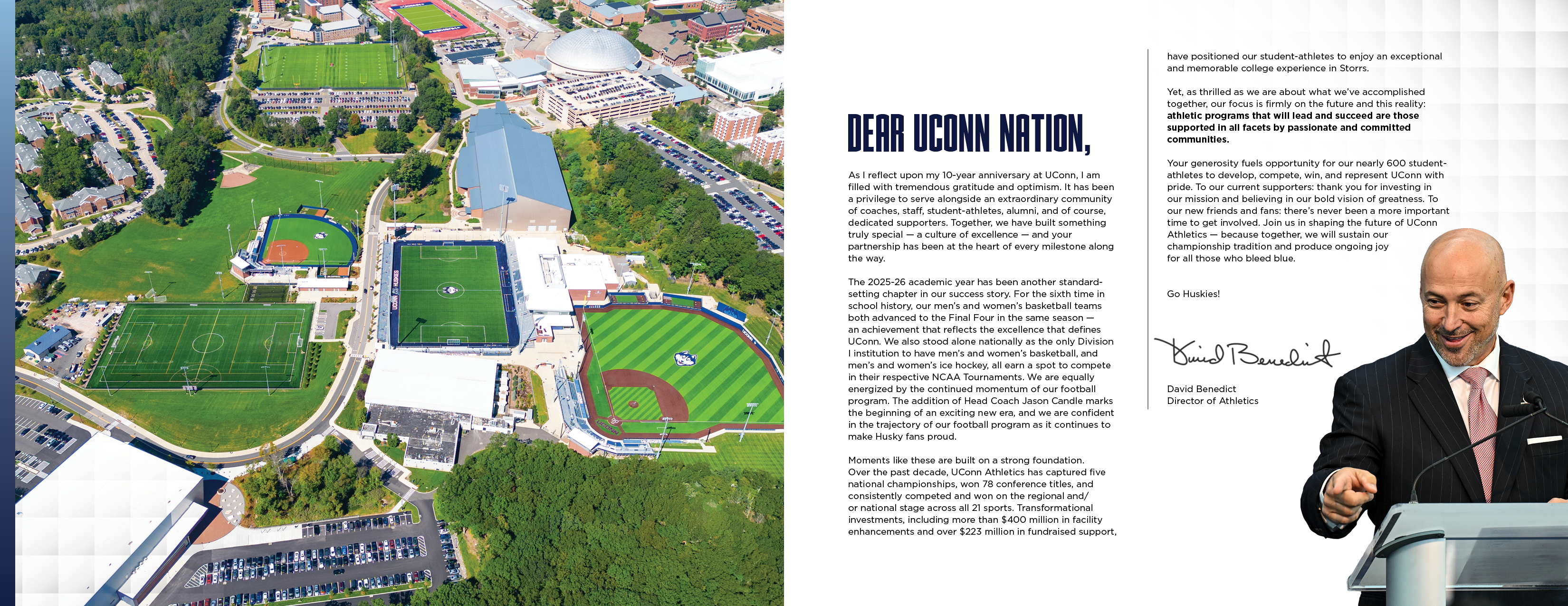 Opening spread featuring a letter from UConn Athletic Director David Benedict reflecting on recent athletic successes, championships, and the importance of donor support. Includes a contents list and an aerial athletics complex photo alongside a portrait of David Benedict at a podium.