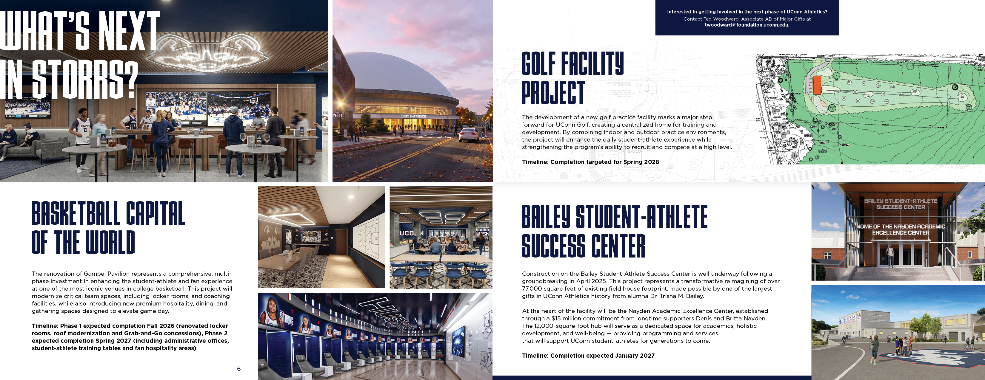 Overview of major UConn Athletics facility projects, including a new golf practice facility, the Bailey Student-Athlete Success Center, and renovations to Gampel Pavilion. Images show architectural renderings, interiors, locker rooms, and practice spaces with project timelines.