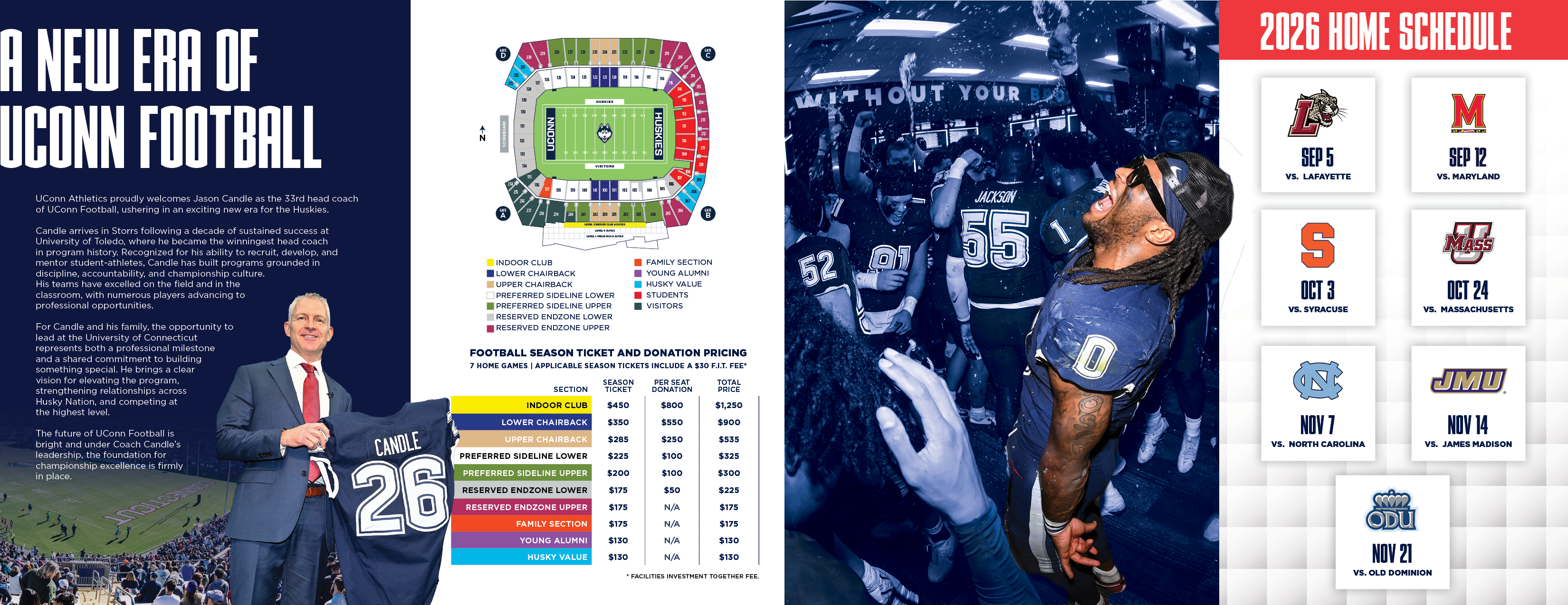 UConn Football head coach Jason Candle holding a UConn jersey during his introduction, symbolizing a new era of UConn Football leadership. Detailed seating diagram of Pratt & Whitney Stadium at Rentschler Field showing sections, gates, and seating levels. Collage of UConn Football graphics, including stadium imagery, game atmosphere, and upcoming opponents’ logos.