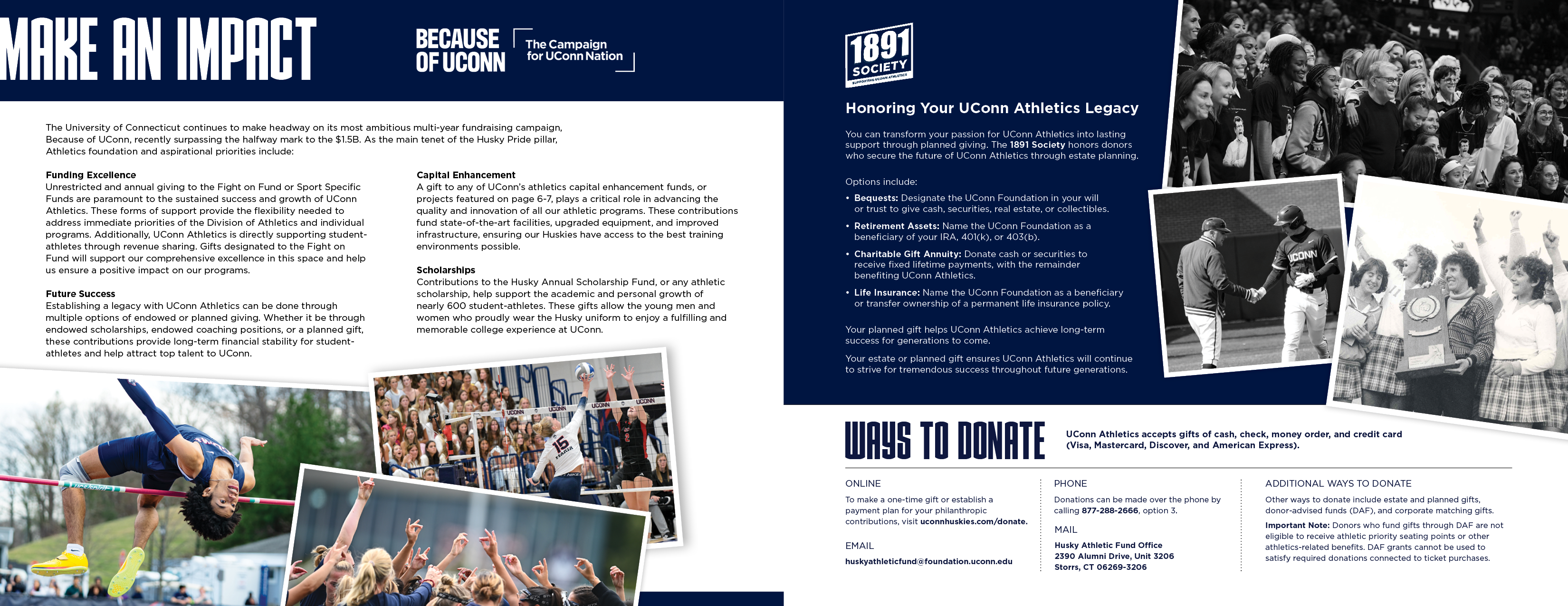 Collage of student‑athletes, alumni, fans, and historical moments representing the ‘Because of UConn’ fundraising campaign and Husky Pride.