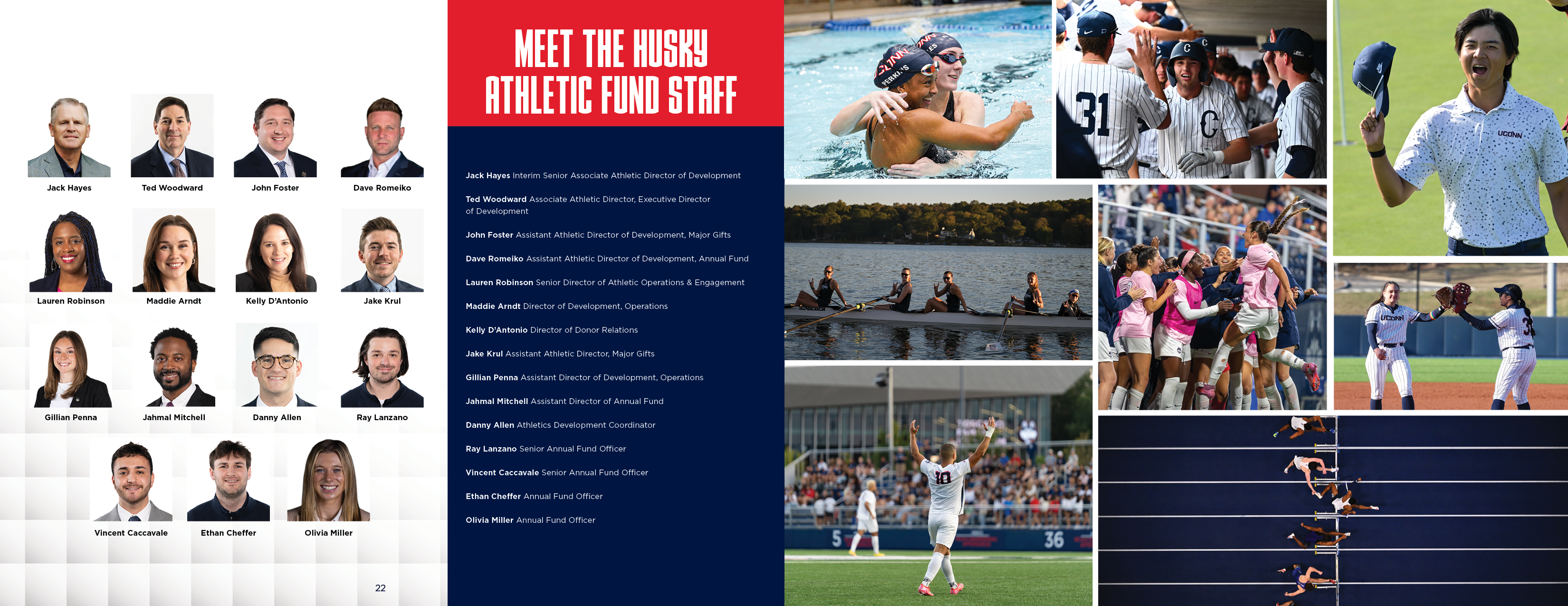 Grid of professional headshots of Husky Athletic Fund staff members. Collage of UConn student‑athletes competing across multiple sports, including hockey, rowing, soccer, baseball, and volleyball.